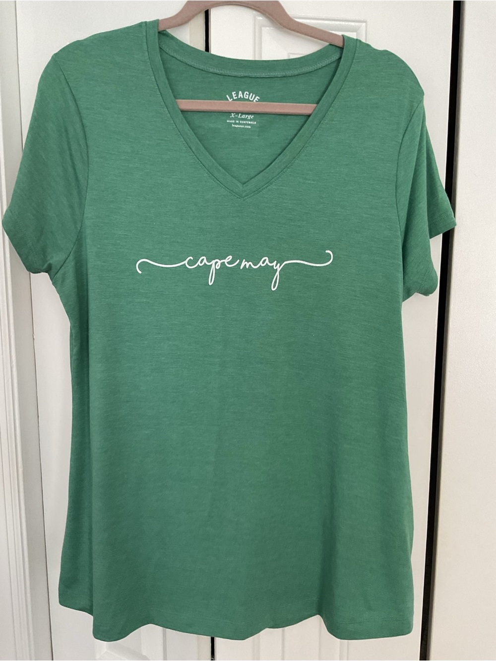 League Green V-Neck "capemay" Script Tee